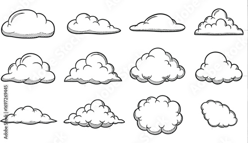 Collection of diverse hand-drawn cloud shapes on white background