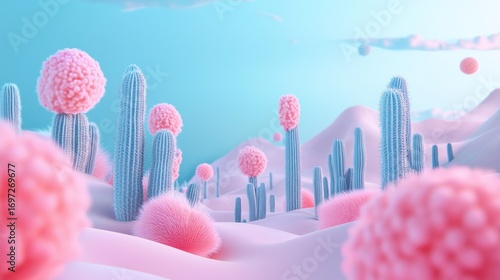 Pink Fuzzy Cactus Plants in a Pastel Desert Landscape