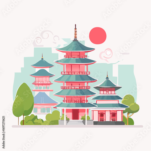 Vector artwork of traditional Japanese architecture, including pagodas and wooden houses, soft pastel palette