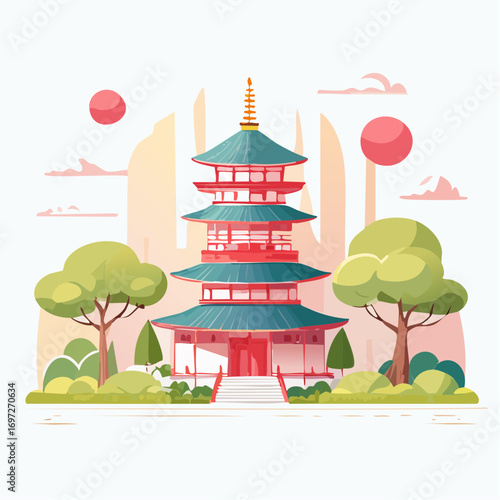 Vector artwork of traditional Japanese architecture, including pagodas and wooden houses, soft pastel palette