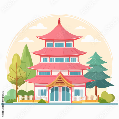 Vector artwork of traditional Japanese architecture, including pagodas and wooden houses, soft pastel palette
