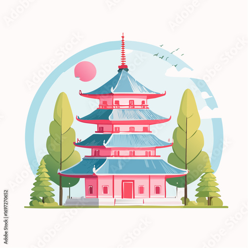Vector artwork of traditional Japanese architecture, including pagodas and wooden houses, soft pastel palette