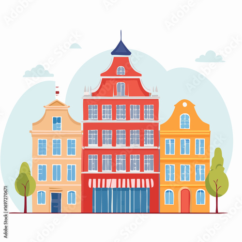 Flat vector design of European historical buildings, detailed facades, colorful rooftops, vintage style