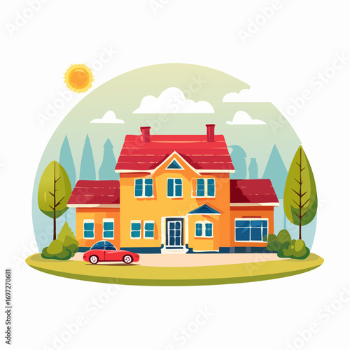 Vector illustration of a cozy suburban neighborhood with houses, trees, and cars, bright and cheerful colors