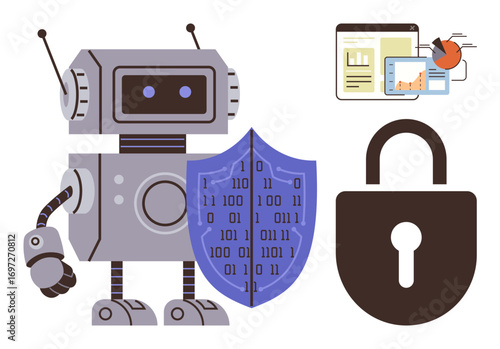 Robot holding binary code shield next to lock and data charts on screens. Ideal for security, AI, encryption, data protection, analytics, technology, privacy. Simple flat metaphor