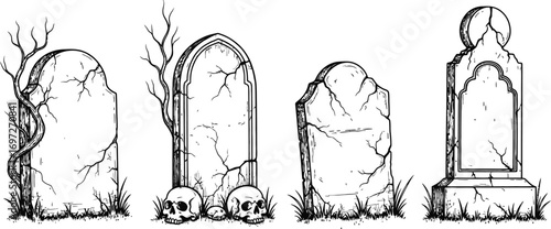 Eerie graveyard with weathered tombstones and scattered skulls
