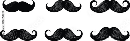 Collection of classic black mustaches on a white background.