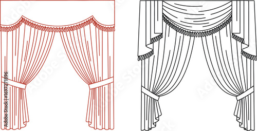 Elegant draped curtains with decorative trim, offering a classic window treatment design in outline and red.