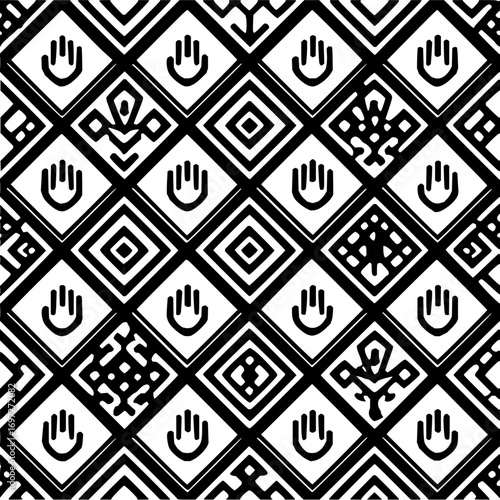 Black and white geometric pattern with diamond shapes and hand symbols in a repeating design element