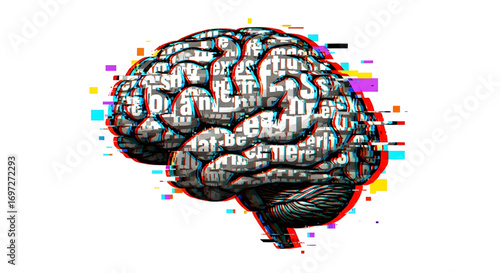 Distorted Human Brain with Glitch Art Effect and Text Overlays