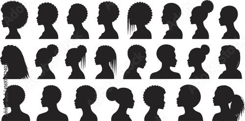 Black female silhouette collection, diverse African American hairstyles, afro, braids, buns, ponytails, profile vector icons, natural hair shapes, beauty diversity, isolated on white