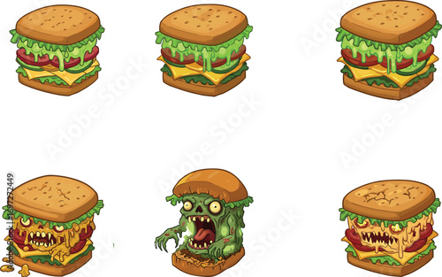 Cartoon hamburger vector, spooky zombie burger, food character illustration, monster fast food design, Halloween snack clipart, funny creepy meal