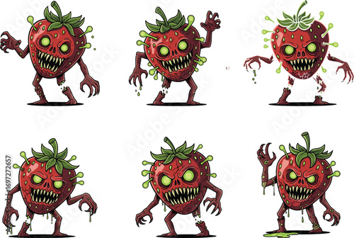 Grotesque monster strawberries with sharp teeth, glowing eyes, green slime, cartoon horror fruit characters for game, comic, animation vector art