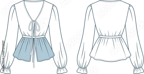 Women's blouse front back view, peplum hem fashion sketch, puff sleeve garment design, cad drawing flat vector illustration, apparel template