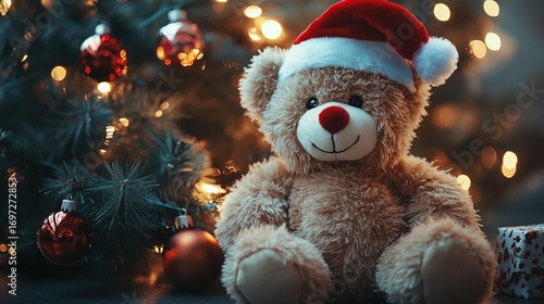 Wallpaper Mural Teddy bear in Santa hat near Christmas tree Torontodigital.ca