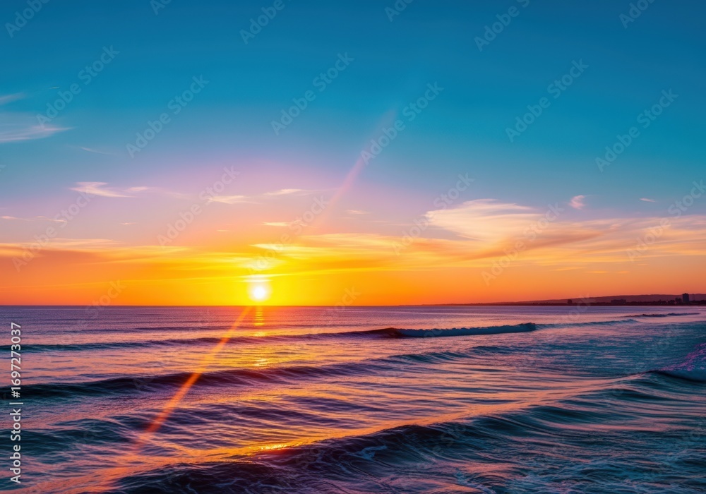 Fototapeta premium Peaceful coastal sunset illuminating vibrant sky and ocean