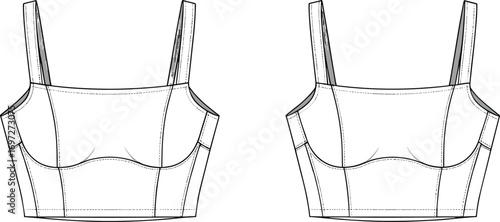 Women's cropped tank top, technical fashion sketch, bralette flat drawing, princess seam design, garment CAD template, structured apparel illustration