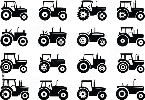 Black tractor silhouettes, farming machinery icons, agricultural vehicles, tractor shapes vector, farming equipment, farm vehicle symbols, rural machinery, tractor design illustration