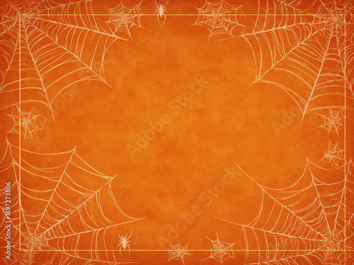 Spooky Halloween background featuring vibrant orange hue adorned with intricate spider webs, creating eerie yet festive atmosphere perfect for seasonal celebrations