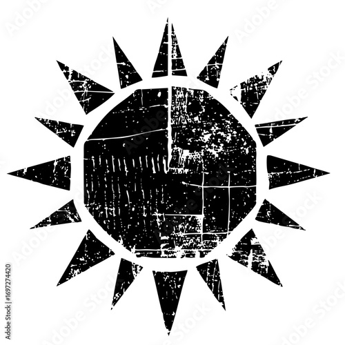 Vector Distressed sunburst with sharp rays and textured .