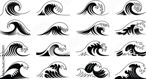 Stylized ocean wave icons, set of abstract sea wave symbols, vector black surf design elements, decorative tidal patterns isolated on white background