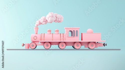 Pink Toy Train with Puffy Smoke on a Blue Background