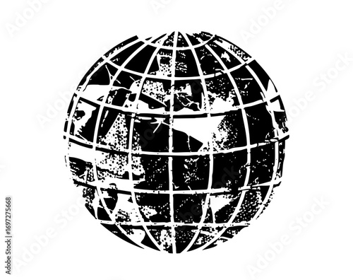 Vector Gridded globe depicts a world map in a distressed style.