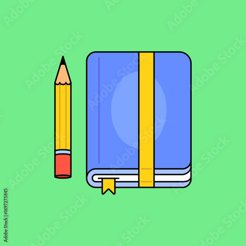 Vector illustration of a blue notebook with yellow strap and bookmark placed beside a yellow pencil hand drawn cartoon style with bold outlines for education, school, stationery, office