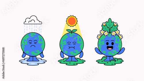 Cartoon Earth characters: sad in rain, neutral in sun, and happy with plants. Bright hand-drawn style, symbolizing climate, ecology, sustainability, and Earth Day vector illustration