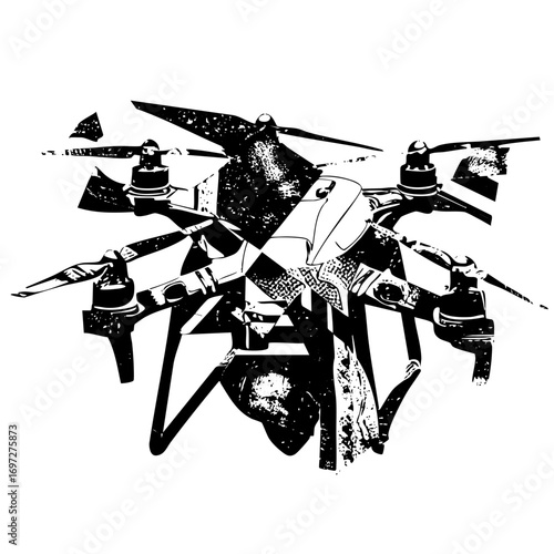 Vector Detailed monochrome of a modern quadcopter drone.