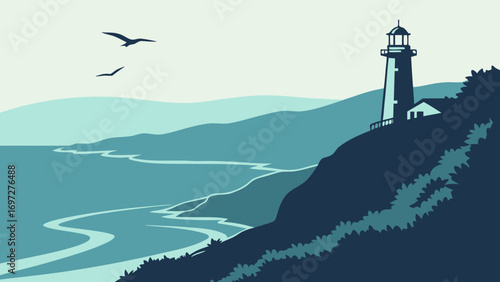 Lighthouse on cliff overlooking ocean with birds water