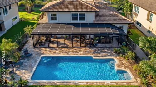Aerial view of a luxurious home with screened-in pool and outdoor dining area. Showcase this property for real estate listings or architectural designs.