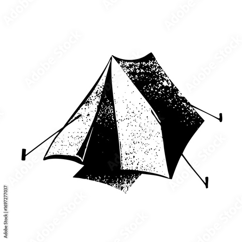 Vector Black and white of a camping tent with ropes.