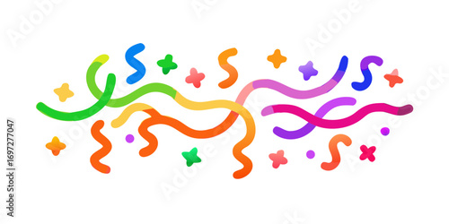 Colorful abstract confetti and streamers on a black background for celebrations and parties