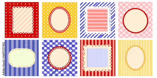 Collection of eight decorative frames with colorful backgrounds and patterns for design