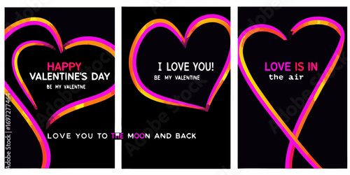 Three valentine s day cards with colorful hearts and romantic messages on a black background