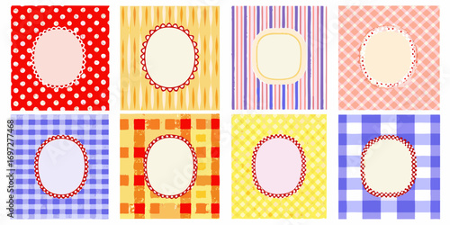 Collection of eight decorative backgrounds with oval frames and playful patterns for design