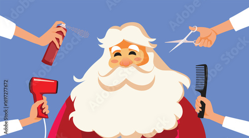 Santa Claus Ready for Christmas at Barber Shop Vector Cartoon. Cheerful Santa going to the hair salon for xmas party cerebration new look 