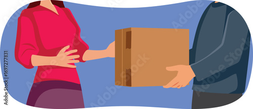 Client Receives Parcel Order Box from Delivery Man Vector Illustration. Deliveryman gives a package to the recipient 

          