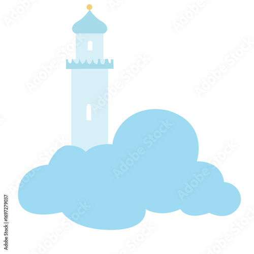 Blue cloud with golden tower peeking out, dreamy illustration perfect for fantasy or peaceful themes.
