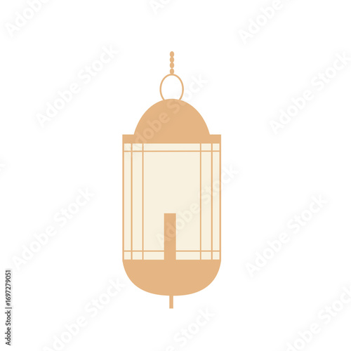 Golden hanging lamp with window details, elegant lighting element ideal for Ramadan or festive designs.

