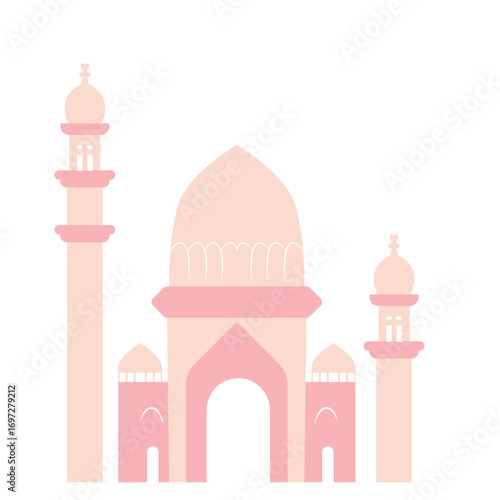 Pink mosque complex with multiple domes and minarets, detailed Islamic architecture illustration.