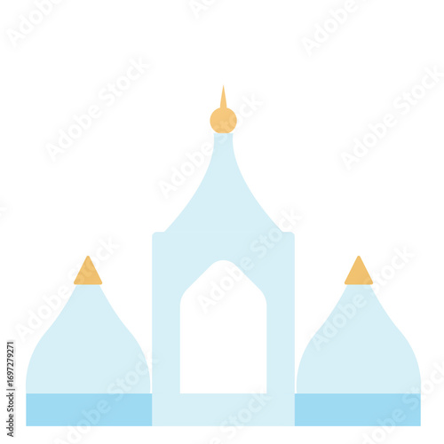 Flat illustration of light blue mosque with three domes and gold finials. Suitable for religious or cultural-themed designs.