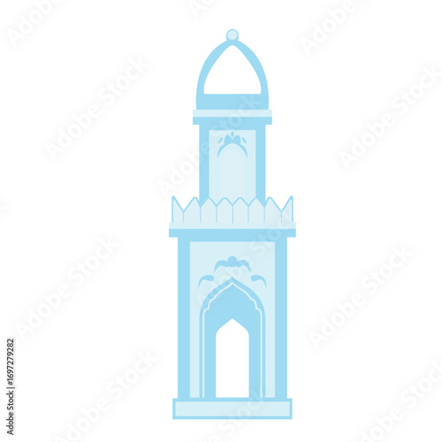 Flat illustration of slender light blue minaret with pointed arches and open balustrade. Great for religious or cultural designs.