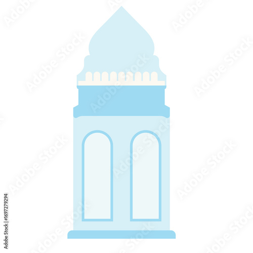 Flat illustration of light blue minaret with domed top and arched windows. Ideal for religious or cultural designs.