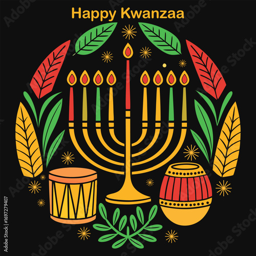 Colorful Kwanzaa kinara holds seven candles surrounded by leaves, drum, and drum on a black background