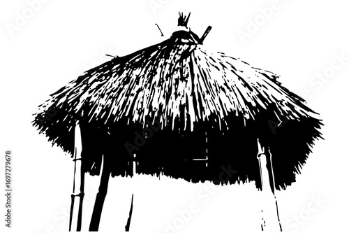 Vector Detailed thatched roof with supporting posts.