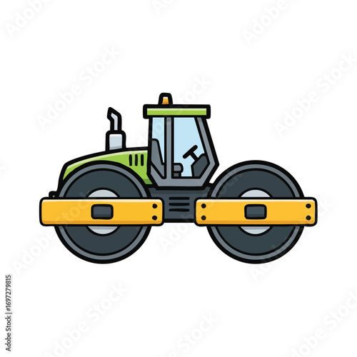 A vibrant green and yellow road roller, a heavy construction vehicle, is depicted in a clear, cartoon-style illustration, ready for compacting surfaces.