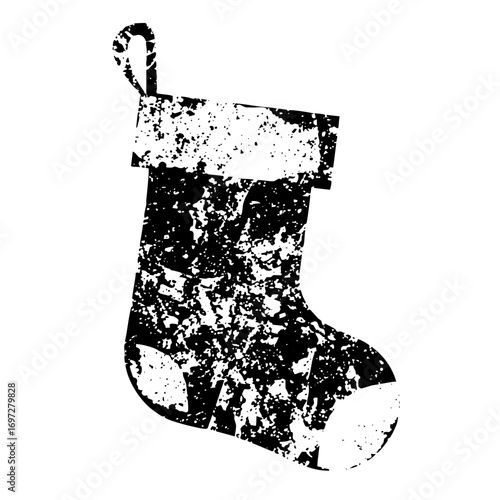 Vector Distressed black and white Christmas stocking .