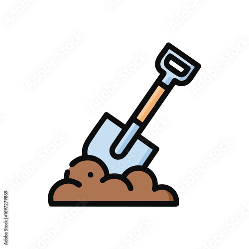 A vibrant flat design vector illustration showcases a blue shovel with a brown handle firmly embedded in a mound of rich brown soil, perfect for symbolizing gardening tasks.